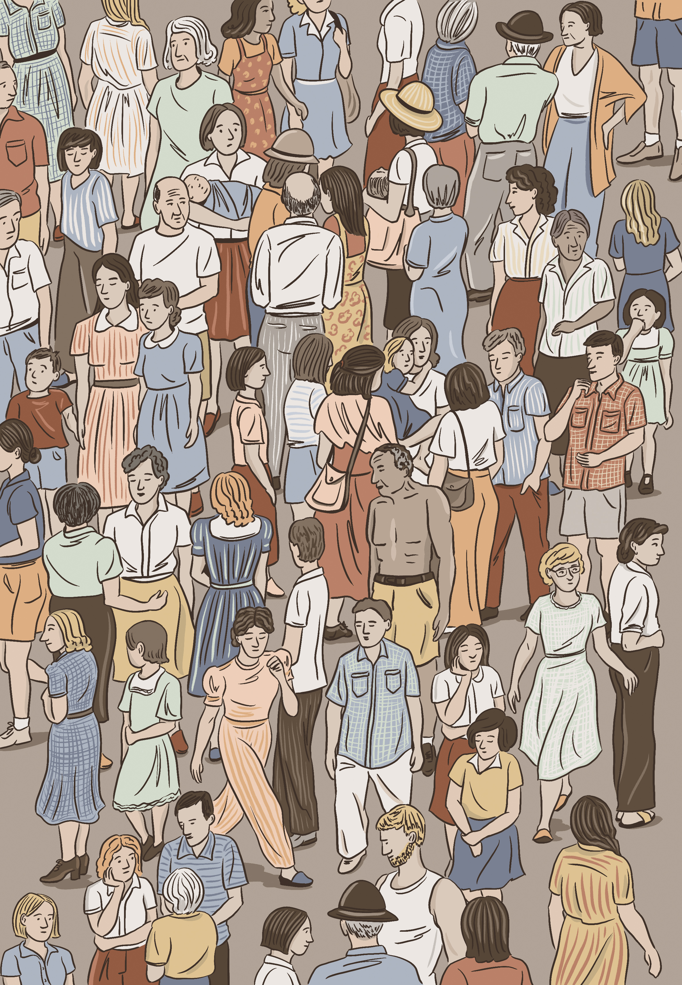 An illustration of a crowd of people from a top down angle. The color palette is muted. 