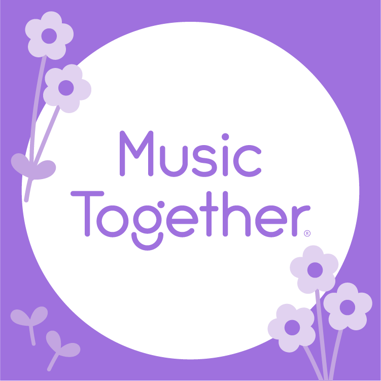 Music Together Logo. A purple square containing a white circle in which the words "Music Together" are written in a sans serif font. Simple purple flowers adorn the corners of the image.