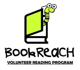BookReach Volunteer Reading Program. Green book with worm wearing glasses. 