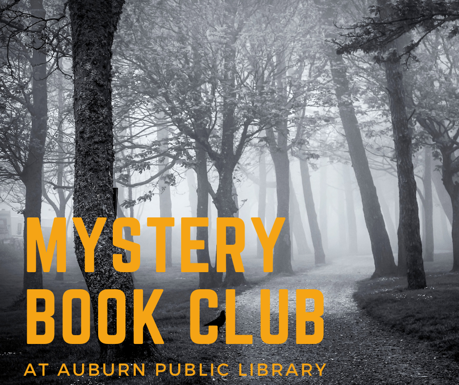 Spooky Trees with Mystery Book Club text in yellow