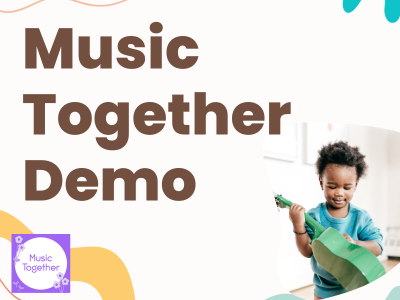 Bold brown text says "Music Together Demo." The purple music together logo sits in the bottom left corner of the image. A photograph of a little boy lies in the lower left corner. He is playing a green guitar.