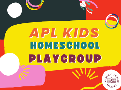 Bold text reads "APL KIDS HOMESCHOOL PLAYGROUP." Colorful random shapes adorn the image. The library logo is in the lower right corner.