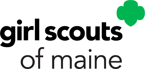 Black lowercase text says, "girl scouts of maine." A green girl scout emblem embellishes the upper right corner.