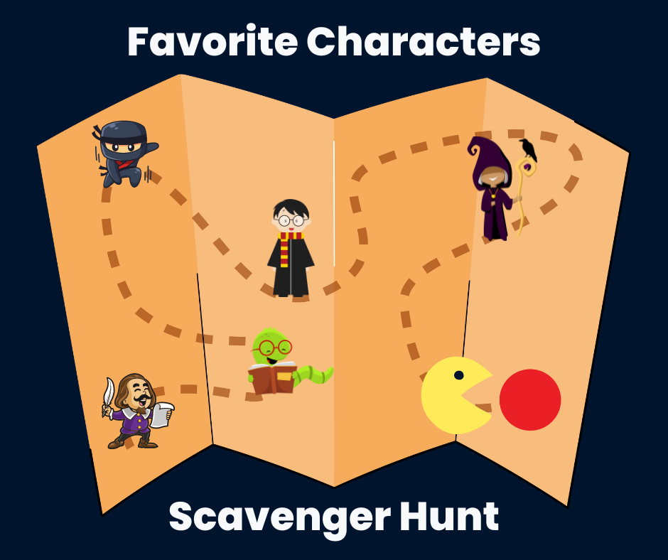 Text states "Favorite Characters Scavenger Hunt." There is an illustration of random cartoon characters on a map.