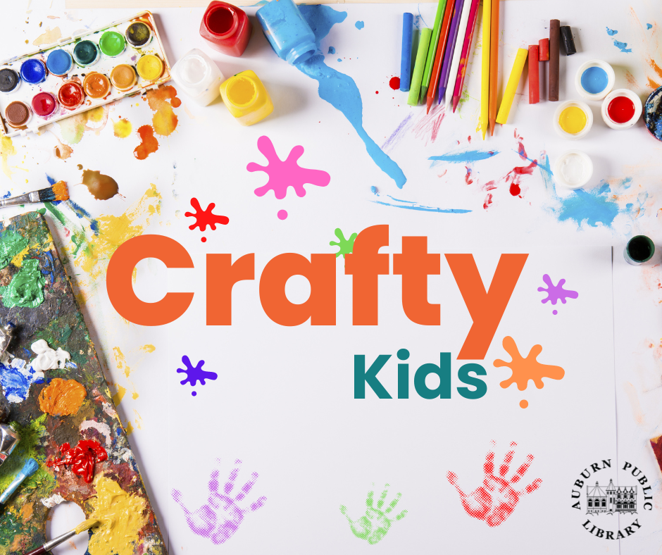 In bold text, the image says, "Crafty Kids" on top of a colorful, creative mess.