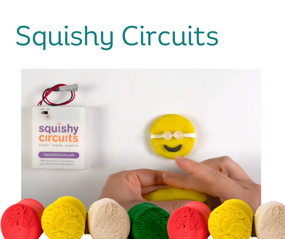 Playdough, squishy circuits and hands making smiley face 