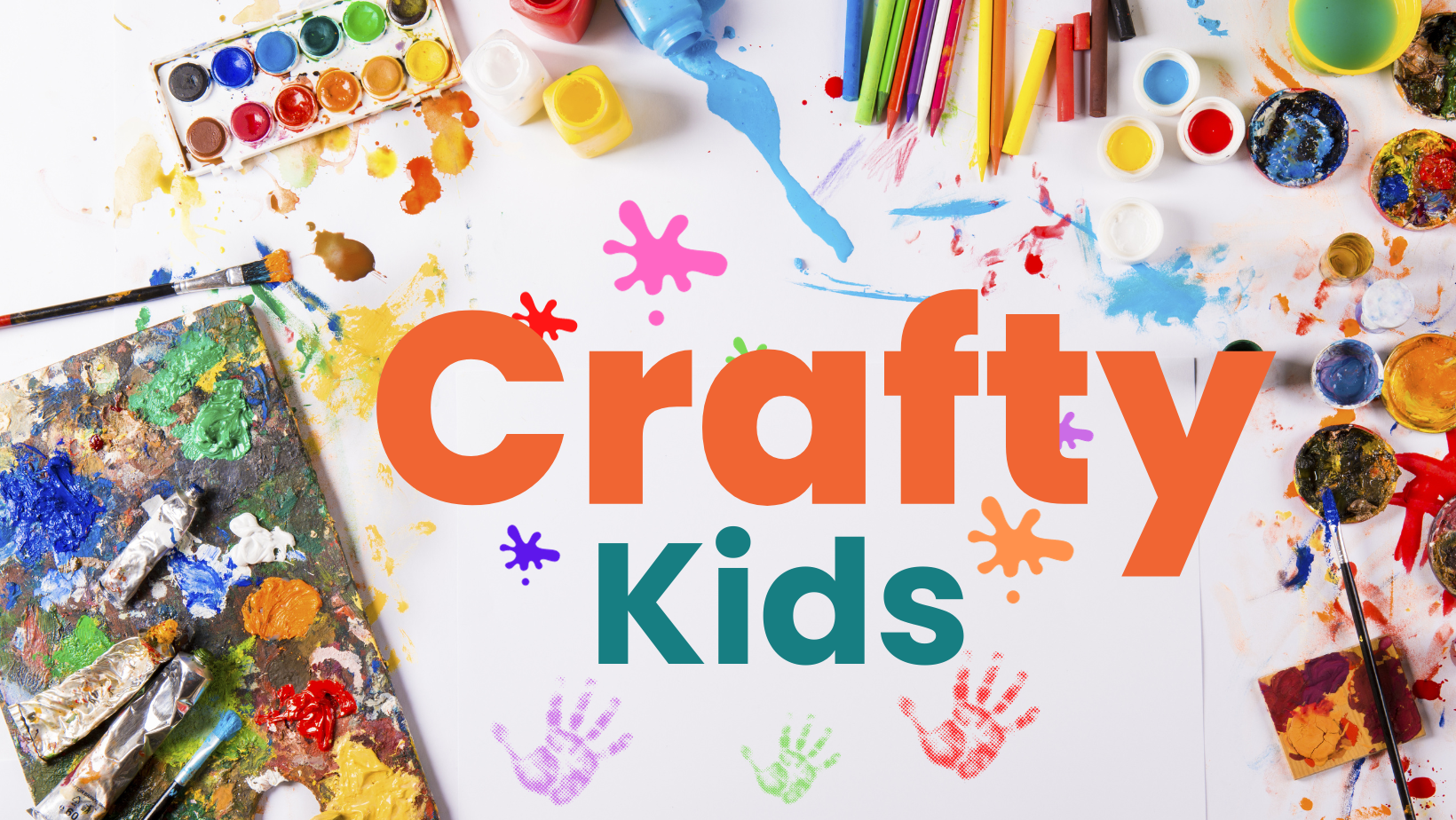 Messy paint and art supplies with Crafty Kids Text