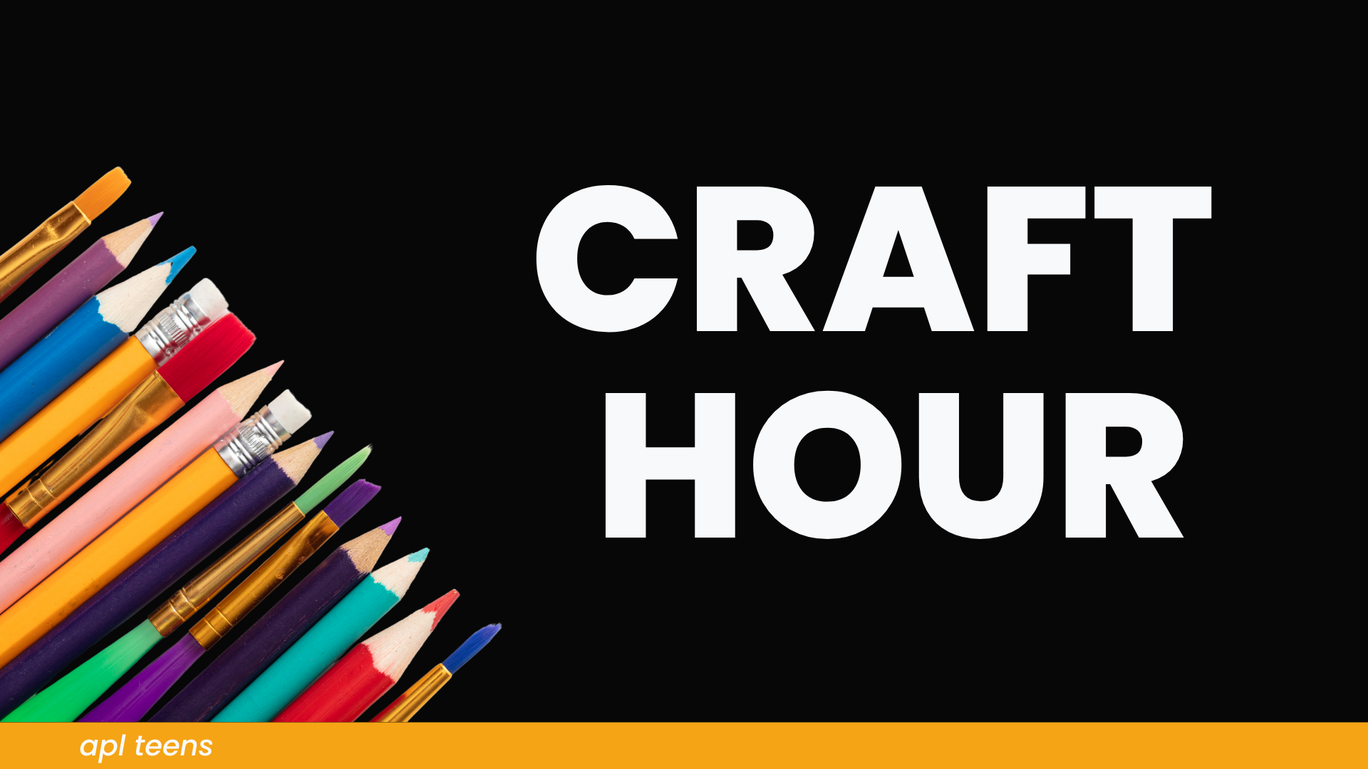 Pens, pencils, and paint brushes with Craft Hour in white