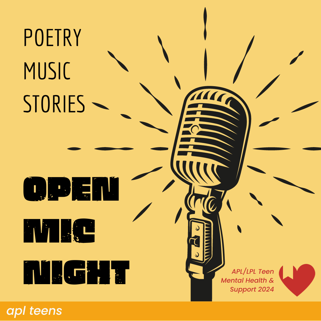 A black and white drawing of an old microphone on a yellow background. The text reads "poetry, music, stories" and "open mic night"