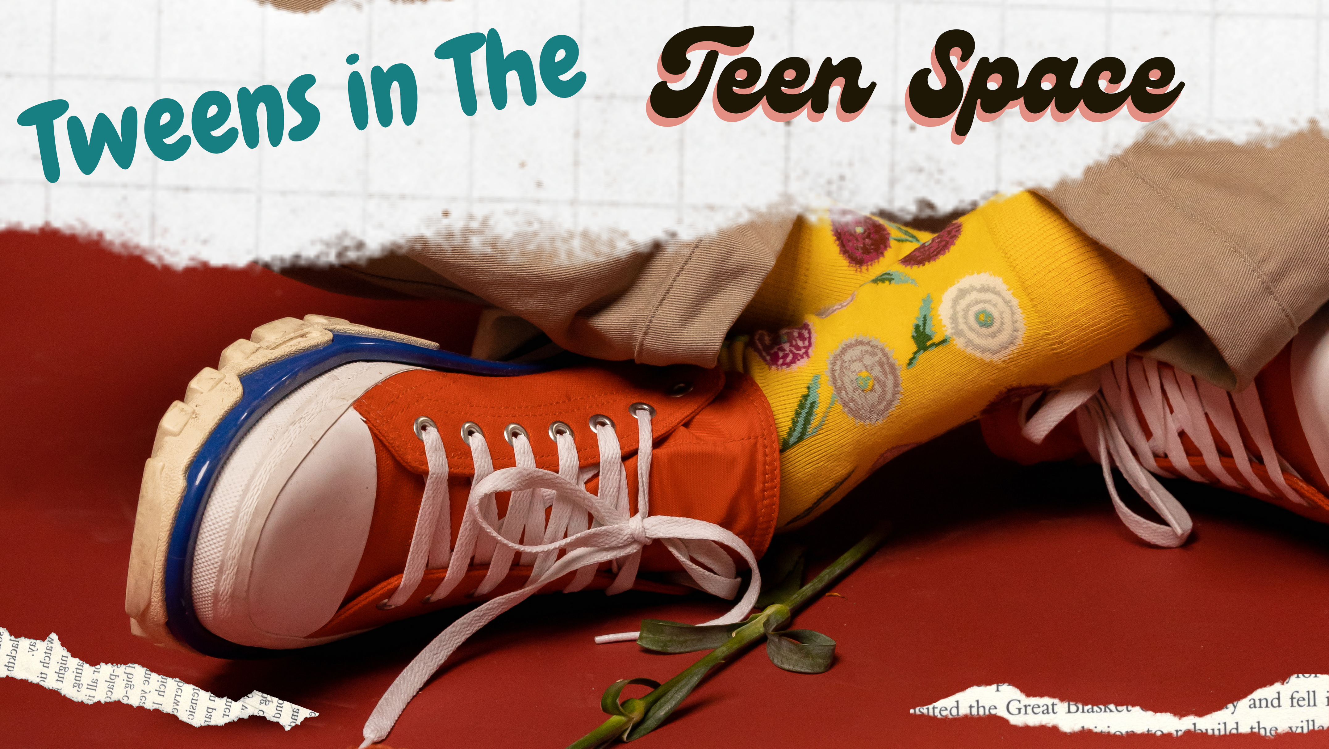 Red show with yellow sock.  Tweens in the Teen Space text.