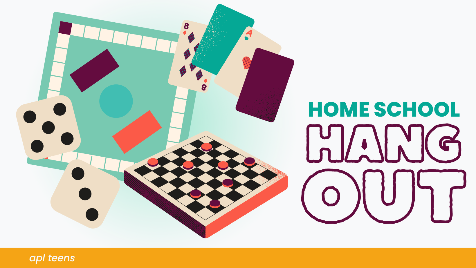 Drawings of board games with text to the side that reads "HOME SCHOOL HANG OUT."