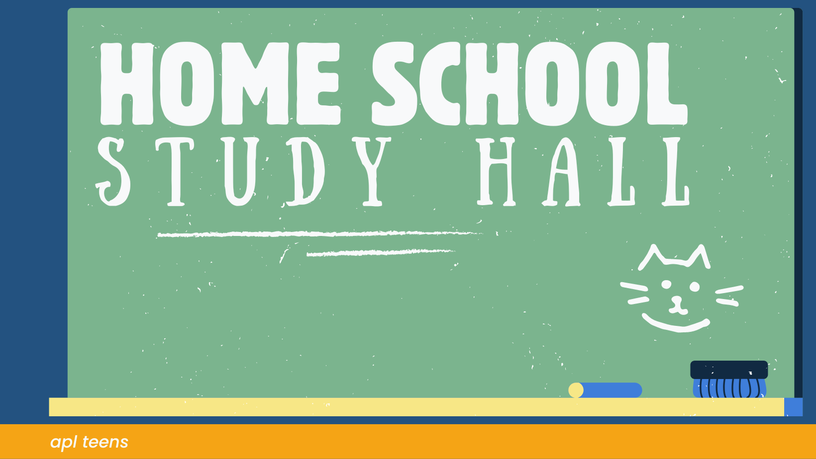 An illustration of a chalk board with white text that reads "HOME SCHOOL STUDY HALL."