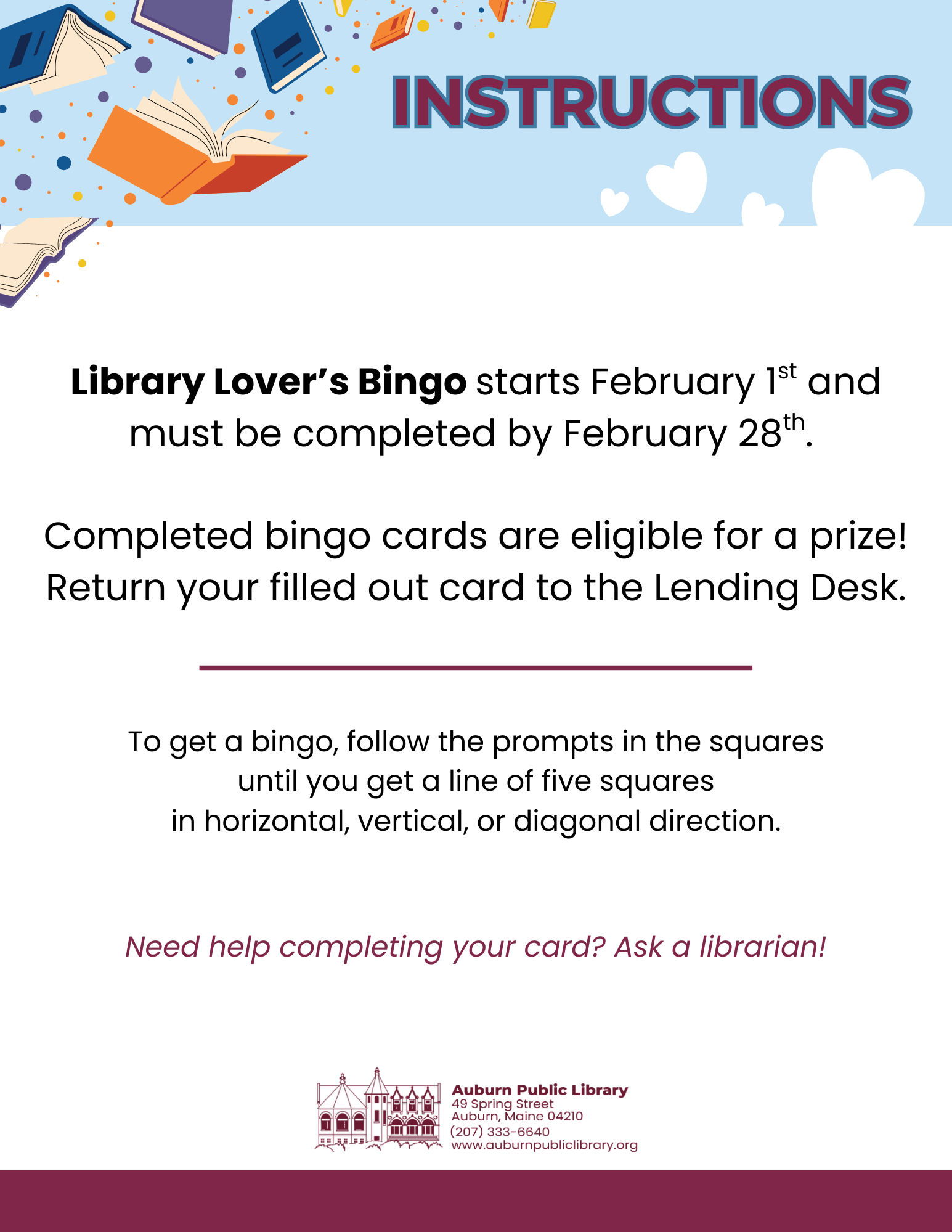 Adult Library Lover’s Bingo Instructions