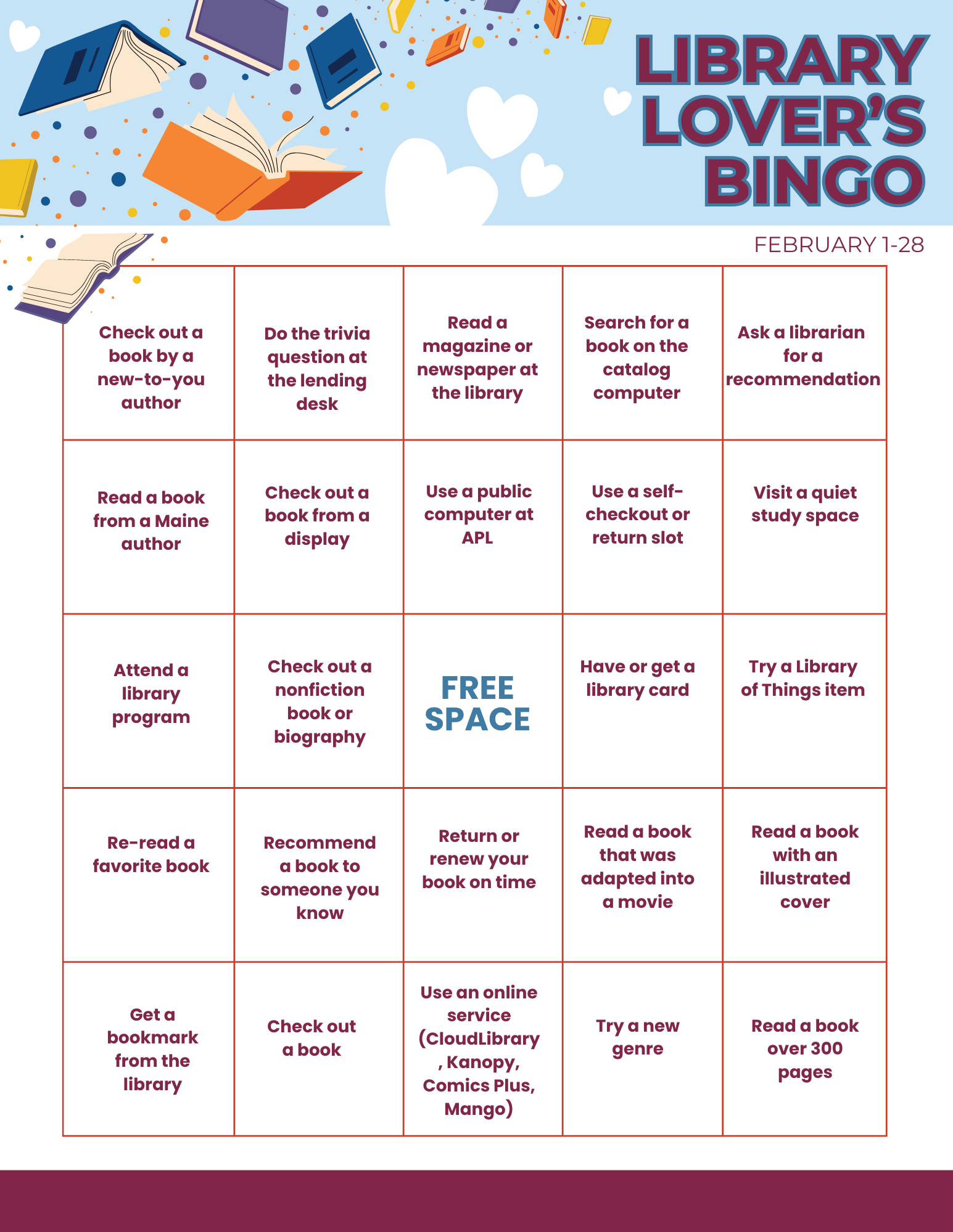 Adult Library Lover’s Bingo Card