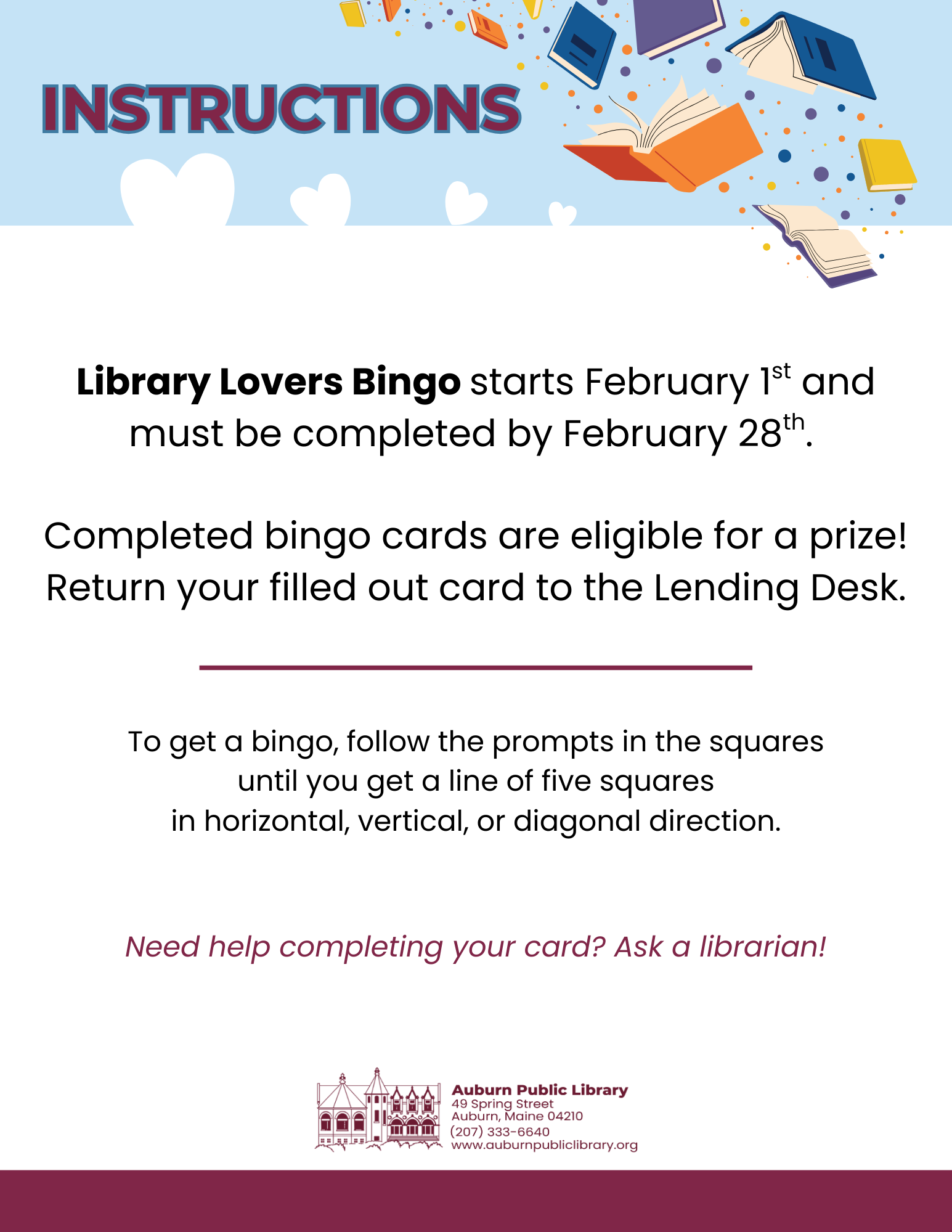 Adult Library Lovers Bingo Instructions