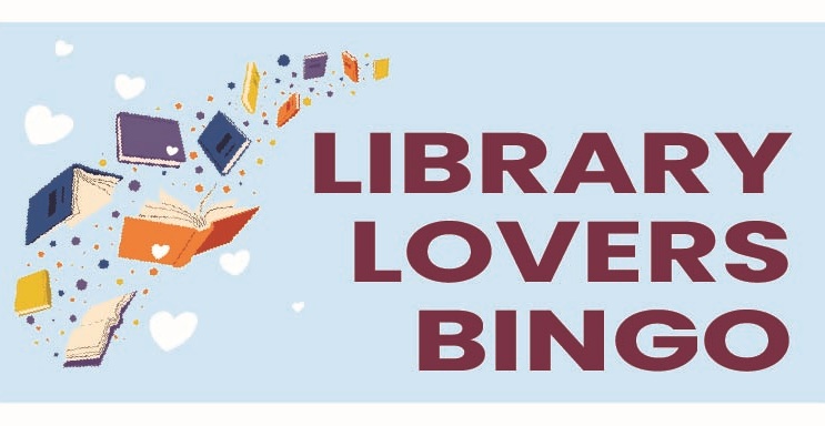 Library Lovers Bingo blue background with books and white hearts