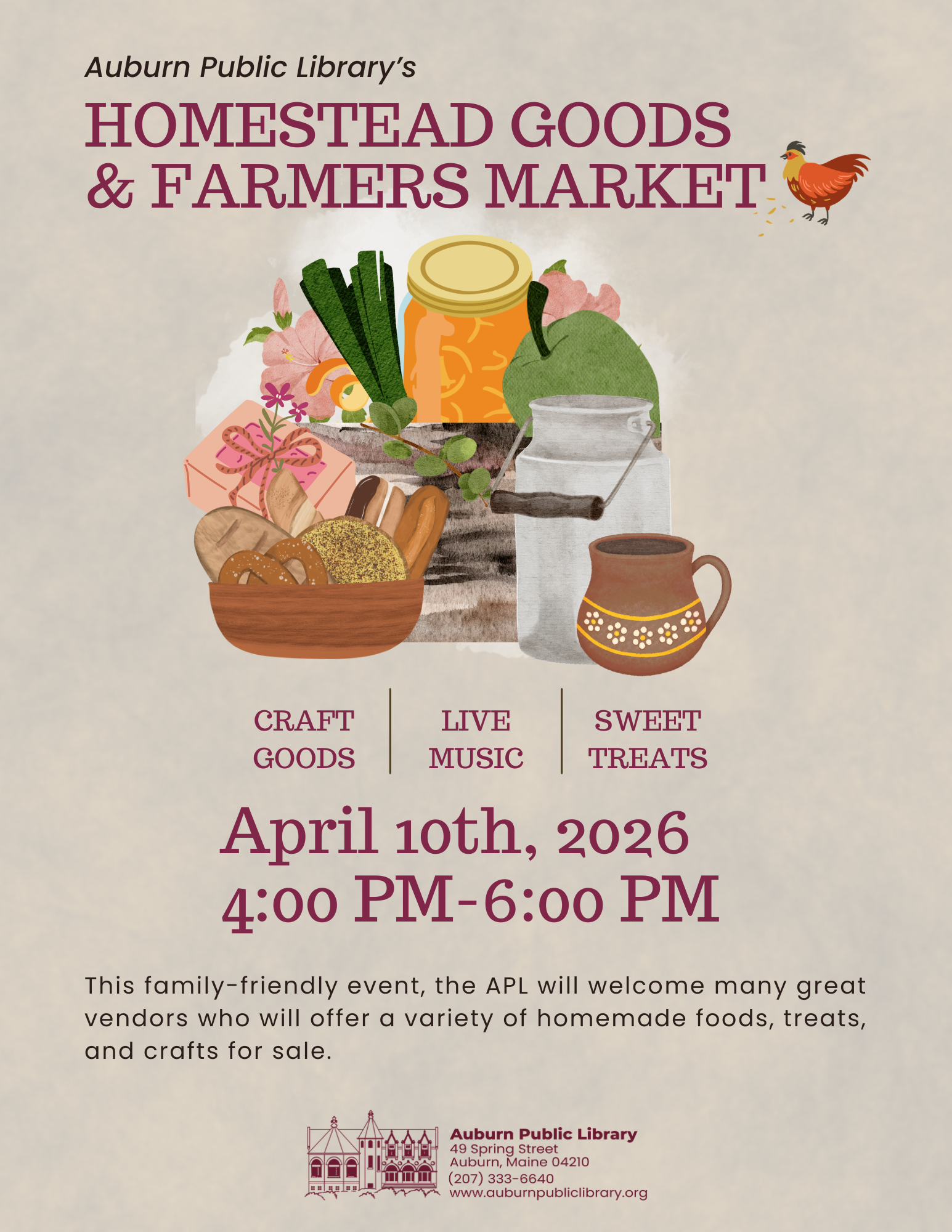 2026 Homestead Goods & Farmers Market with cream background, maroon text and clip art. 