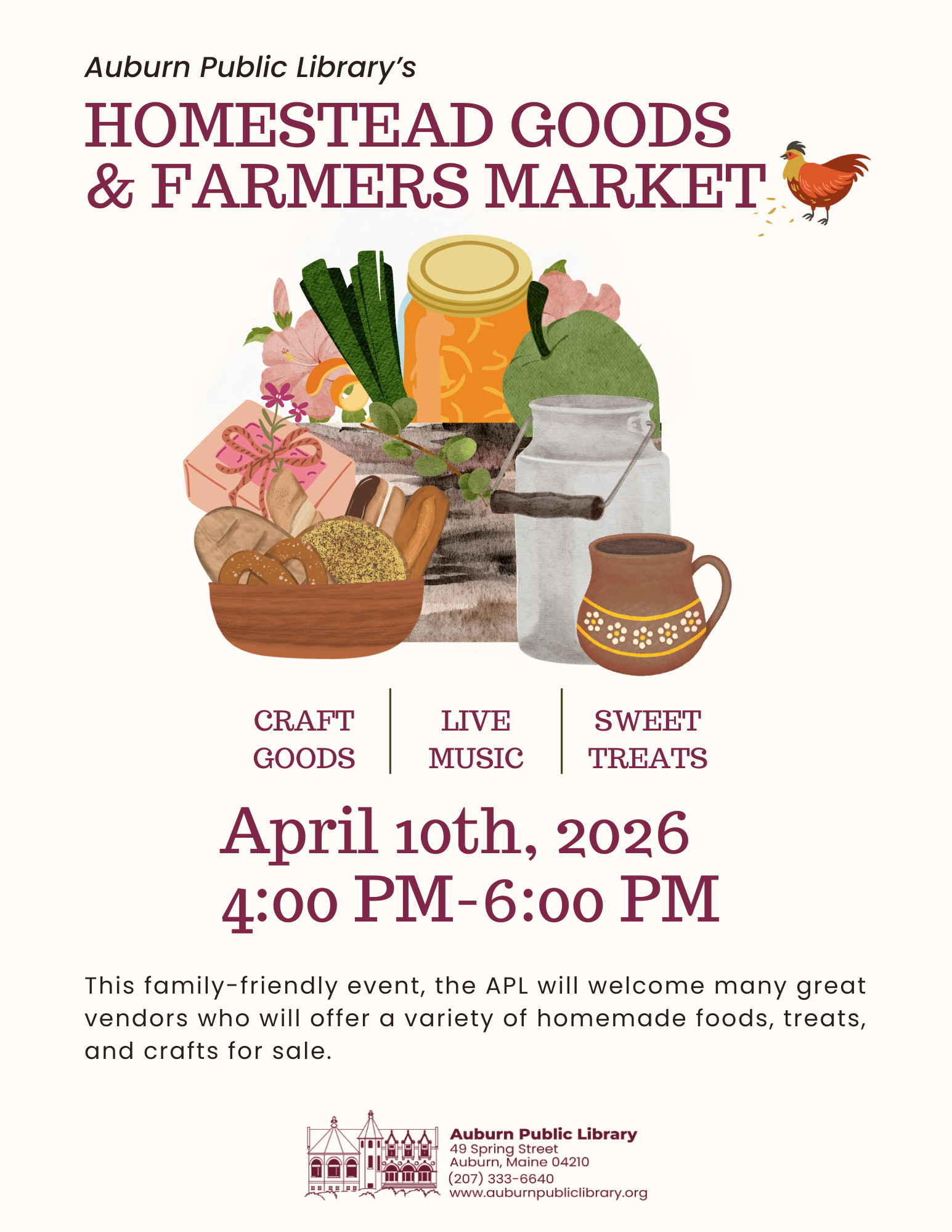 2026 Homestead Goods & Farmers Market with cream background, maroon text and clip art. 