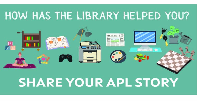 Share Your Story white text with clip art graphics