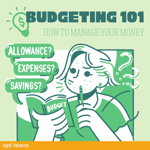 An illustration of a person holding a budget book. There is a heading that reads BUDGETING 101.