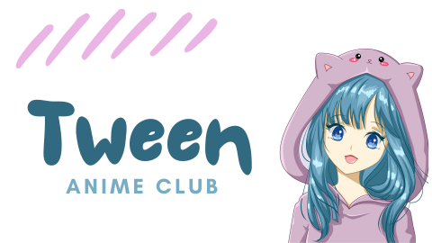 Blue hair with purple hat hoodie.  Tween Anime Club text.