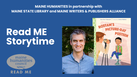 Author photo and book cover on blue background with white text