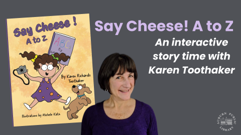 Say Cheese A to Z book cover with author photo on dark grey background