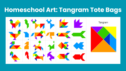 Tangram Tote Bags Design with blue background