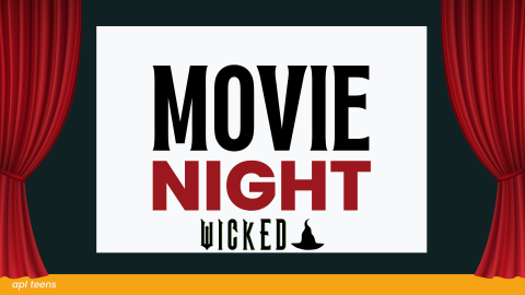 Movie screen with red curtains Movie Night text with WICKED under