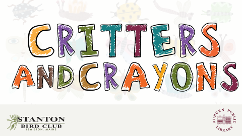 Critters and Crayons written in crayon text with opaque bugs on the background