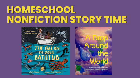 Homeschool Story Time with purple background and two book cover images