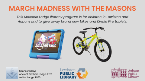 March Madness with the Masons with grey background and tablet and bike prize images 