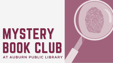 Mystery Book Club text in maroon with magnifying glass and finger print