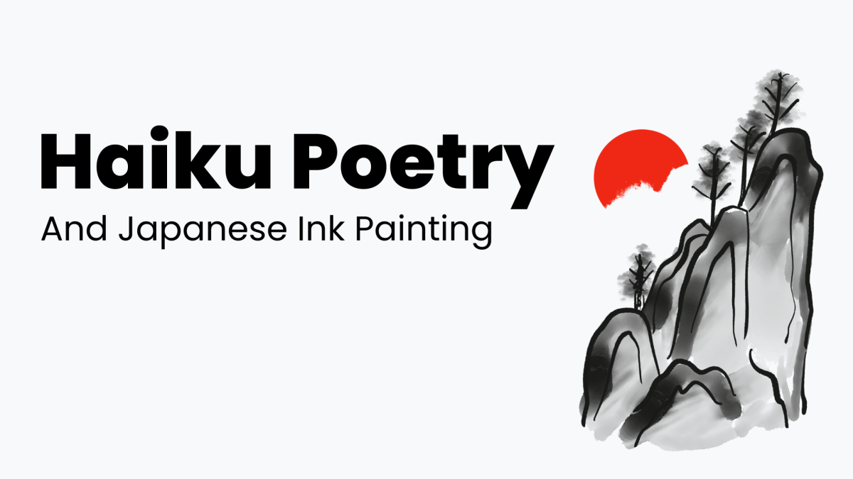Japanese ink print and text on grey background