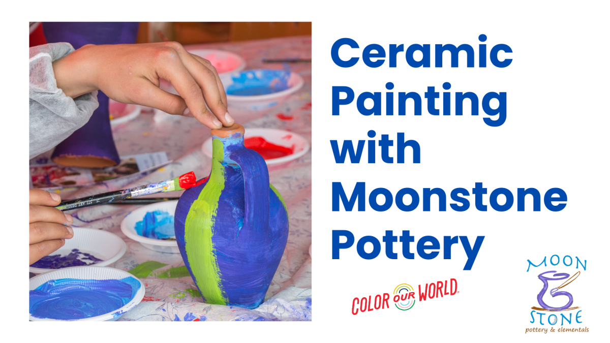 Child painting pottery with blue and green with text