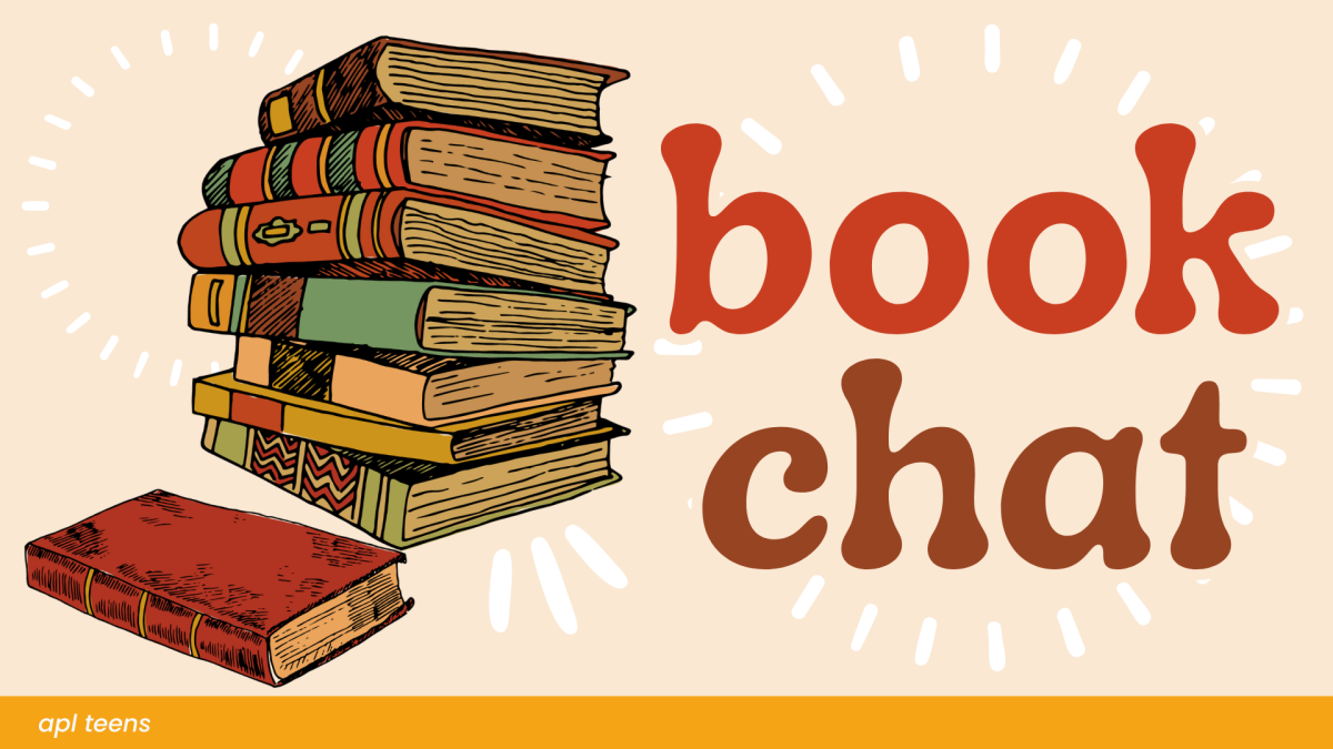 Book Chat. On the bottom of the image is a yellow banner that reads, "a p l teens"