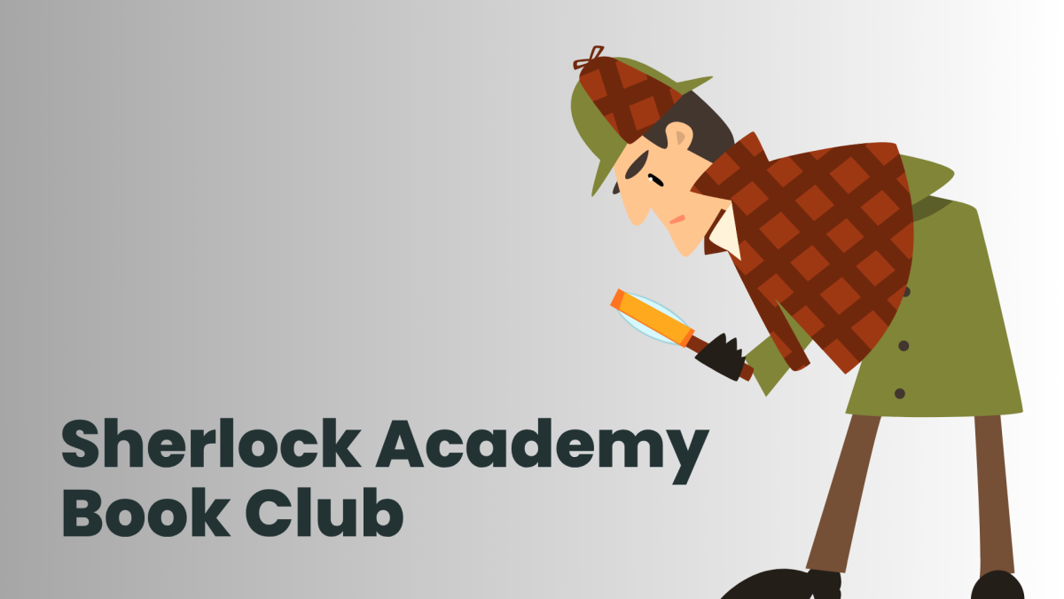 Sherlock Holmes looking at the text, Sherlock Academy Book Club with grey background