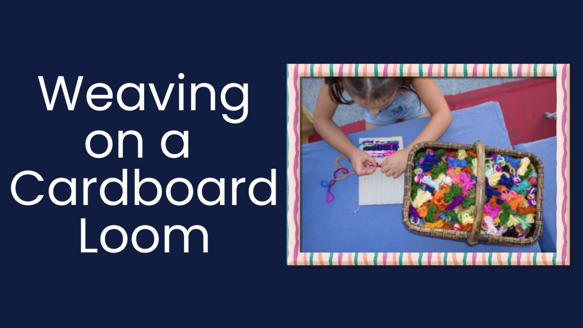 Program title with photo of child using a cardboard loom