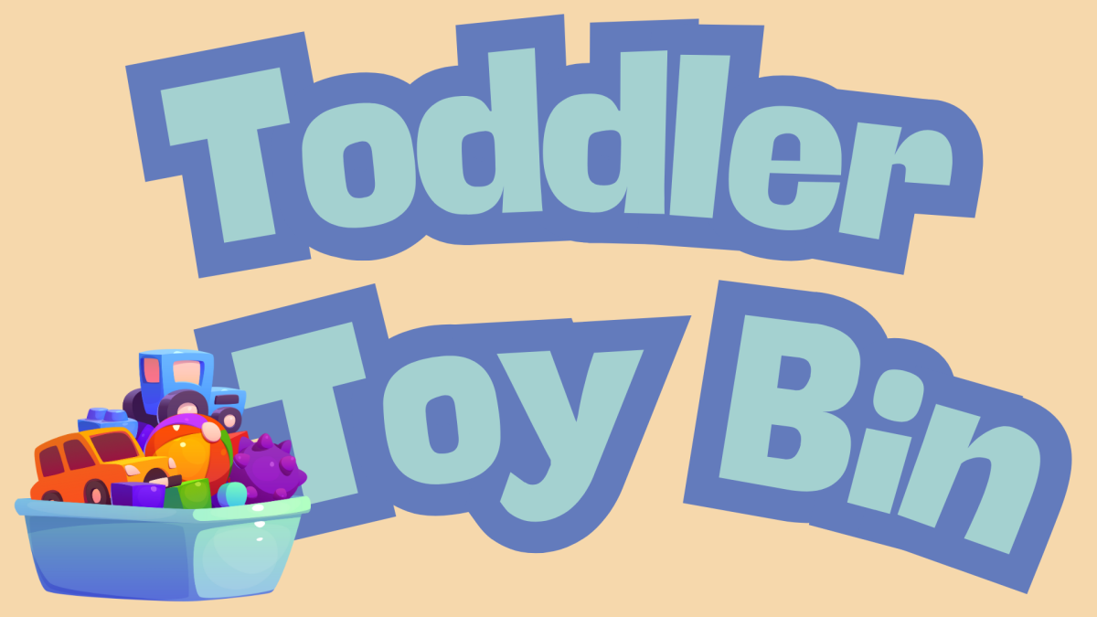 Toddler Toy Bin text in blue with light tan background and clipart toy bin