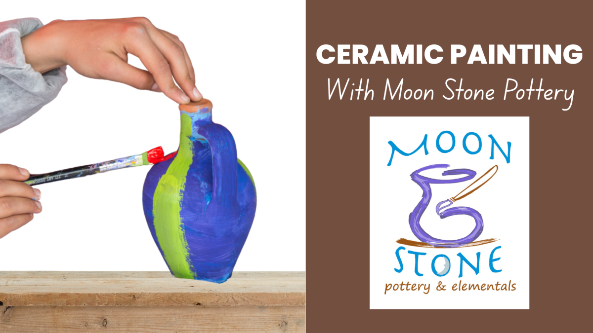 Child painting pottery with blue and green with text