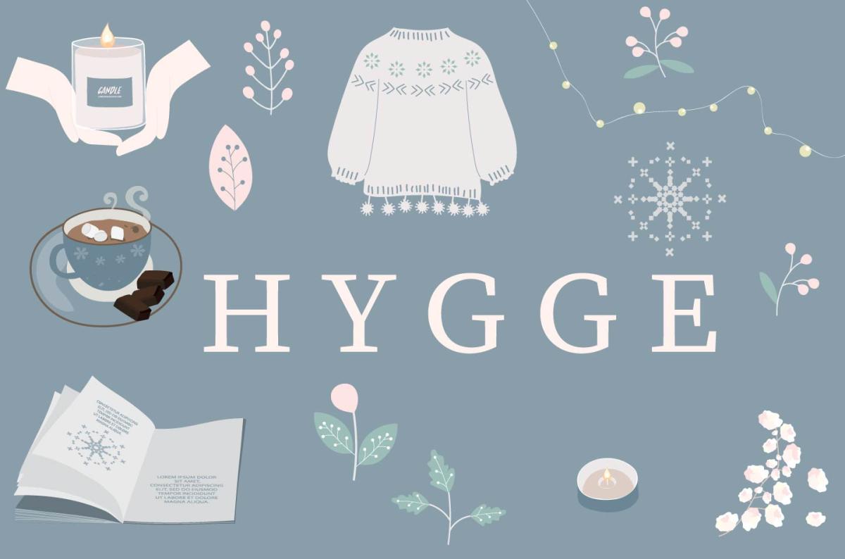 Hygge with pale blue background cozy drawings of books and hot cocoa