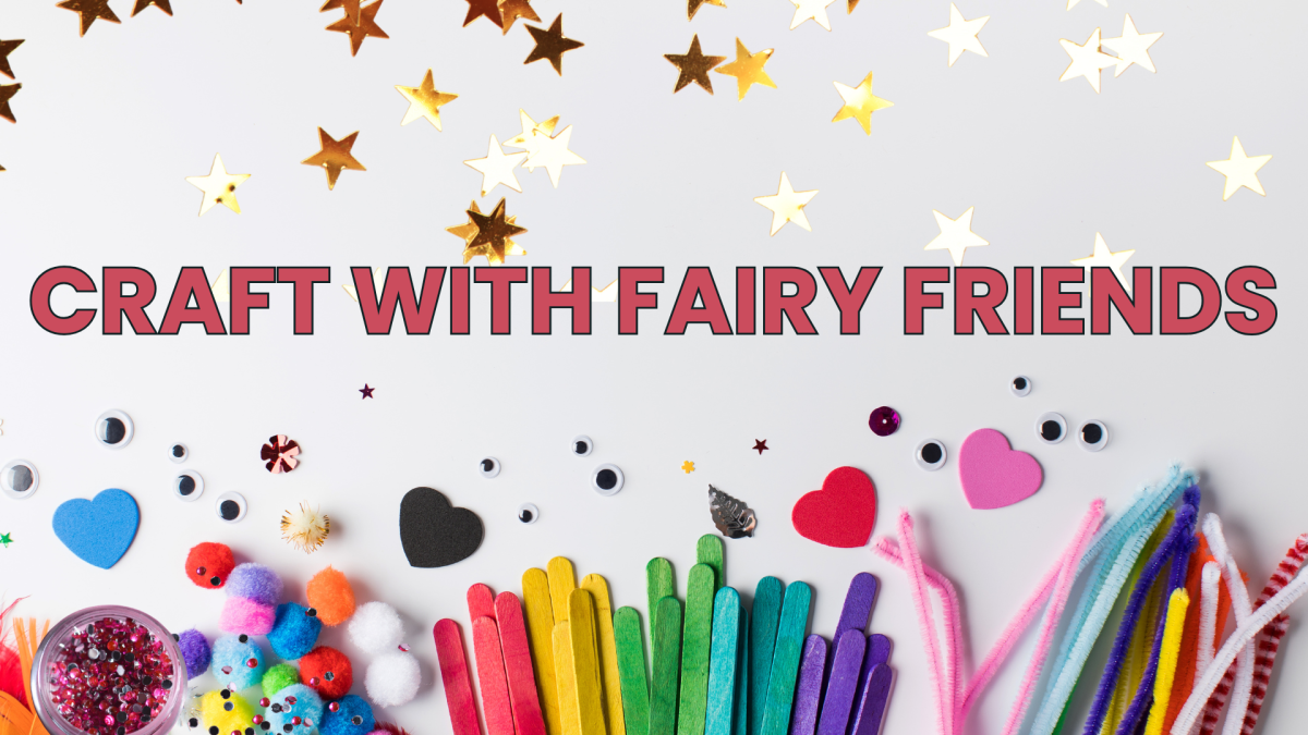 Craft supplies and glitter stars with pink text on white background