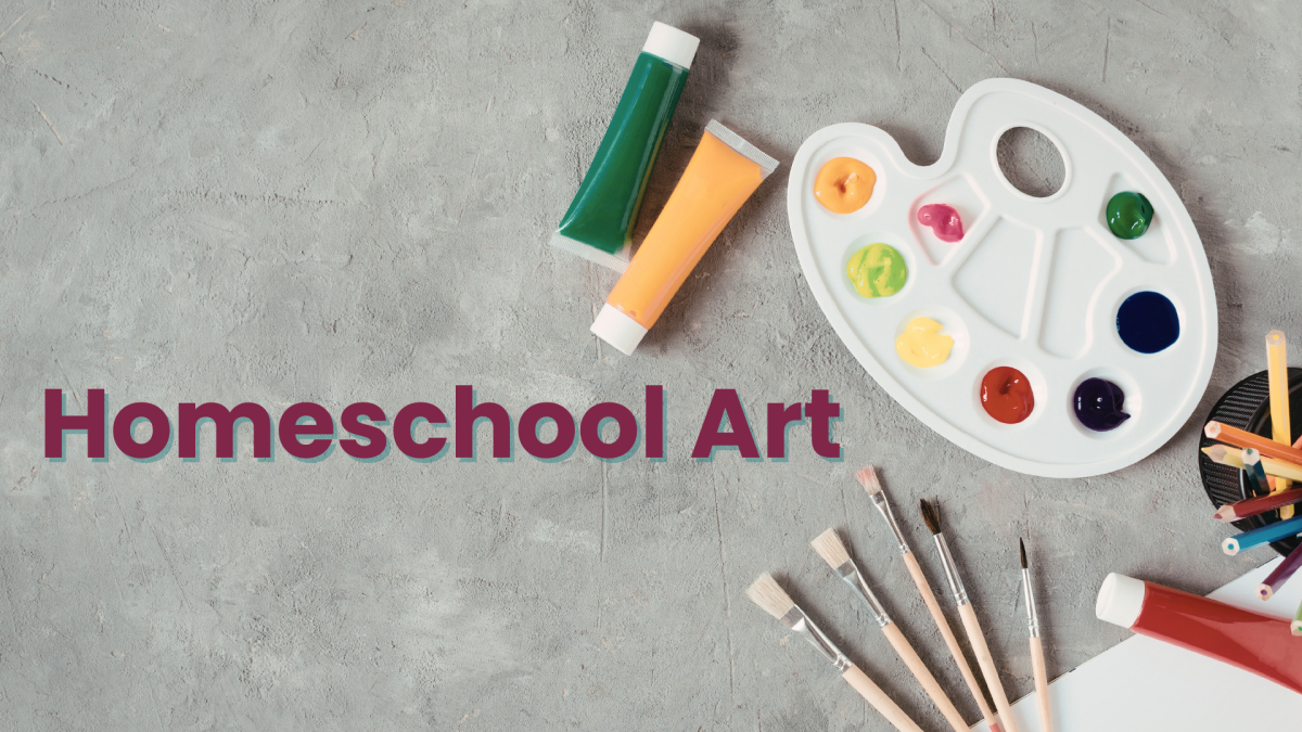 Painting supplies with concrete background and maroon text