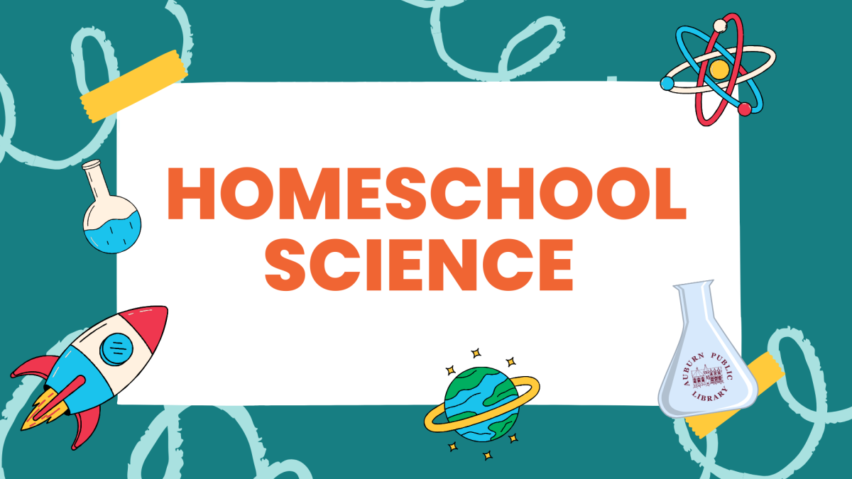 Text in orange with teal background with beakers and a rocket drawing