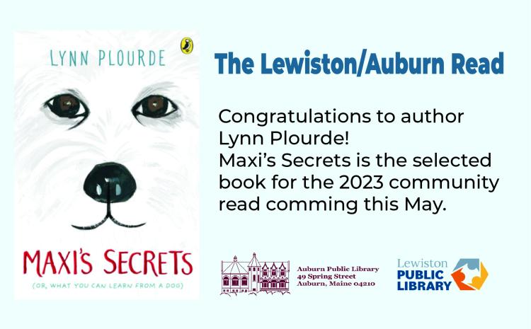 Lewiston Auburn Reads information with book cover white dog